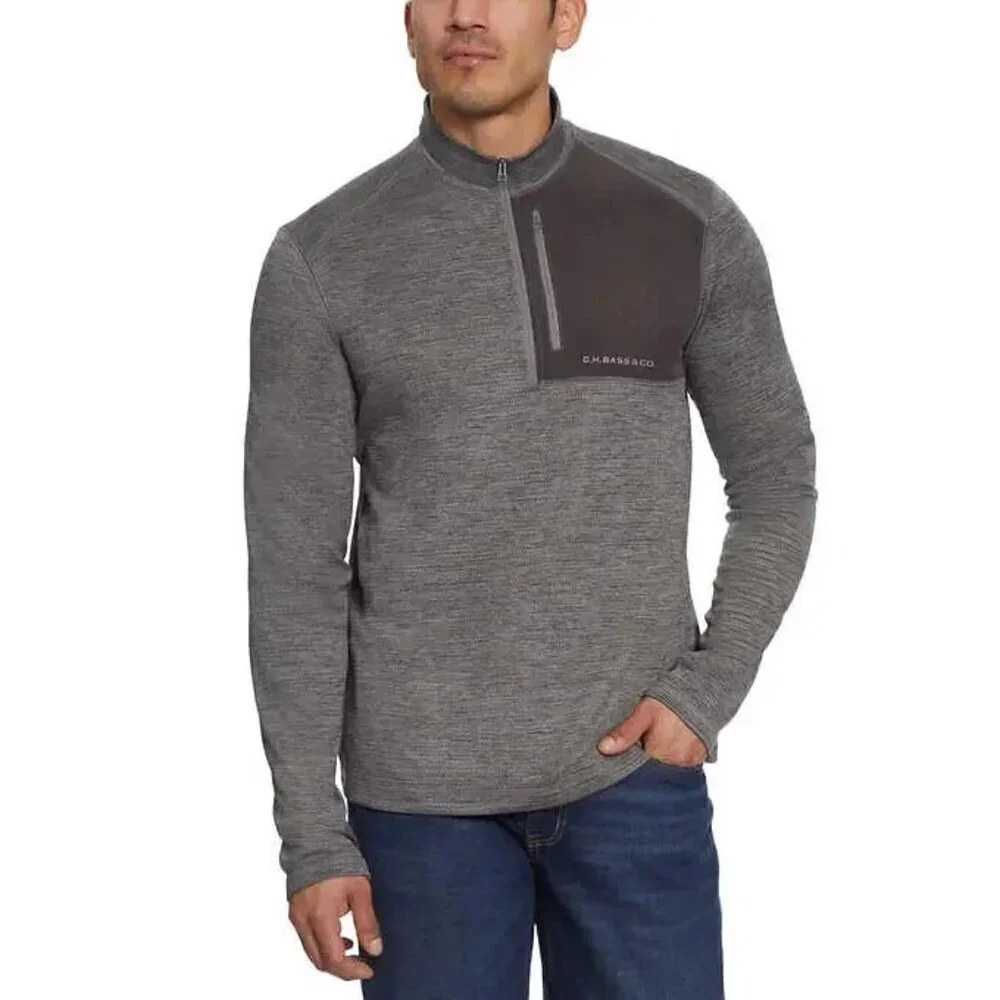 NEW G.H. Bass & Co. Men's XL Mixed Media Quarter Zip Pullover Gray Sweashirt